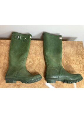 Vintage Hunter Green Rubber Tall Wellington Boots Buckle Rain Boots Women’s 8